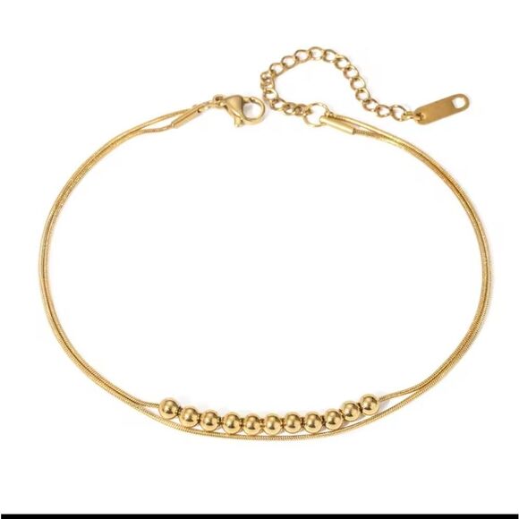 New 18k Gold Ss Double Snake Chain Anklet / Bracelet with Gold Beaded Detail - Picture 2 of 10